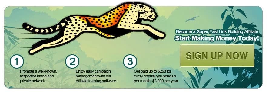 Super Fast Link Building affiliate banner: promote a well-known brand, easy campaign tracking, get paid for every referral